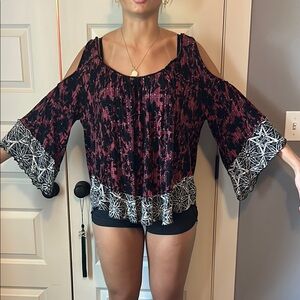 Free People Black and Red Bell Sleeve Blouse